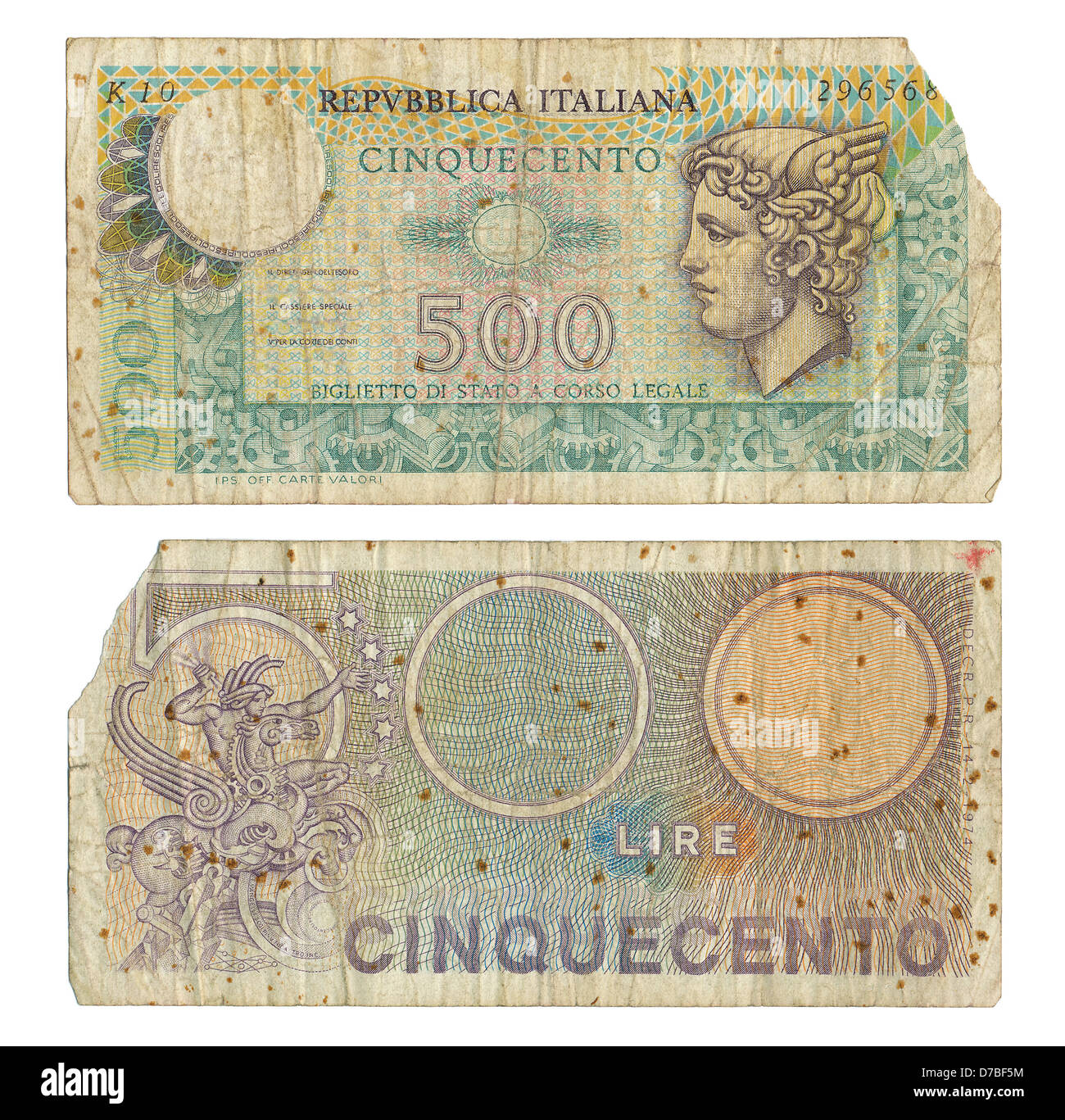 Zwei Seiten gedruckt ein italienische 500 Lire-Geld-Hinweis im Jahr 1974. Lira (plural Lire) war Währung Italien zwischen 1861 2002 wurde ersetzt Stockfoto