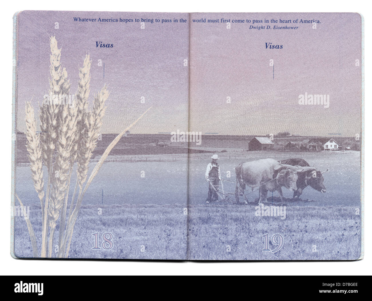 Seiten 18 19 neue USA Reisepass noch leer Bacgkround Bild deutlich sichtbar. hier gezeigte Bild ist ein alten Zeiten Landwirt Pflügen seine Stockfoto