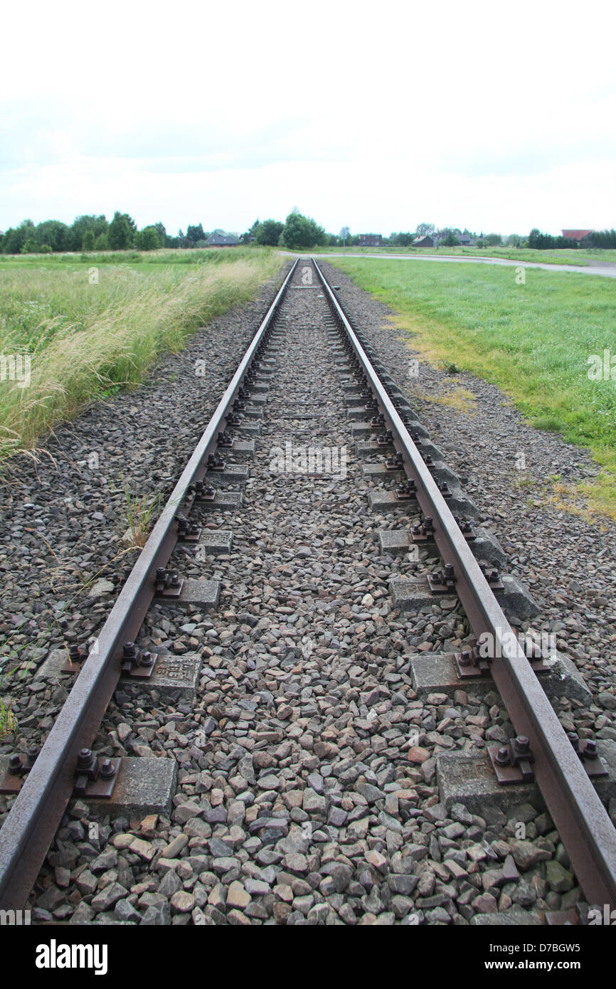 Die nahende Railroad tracks in das KZ Auschwitz-Birkenau in Polen Stockfoto