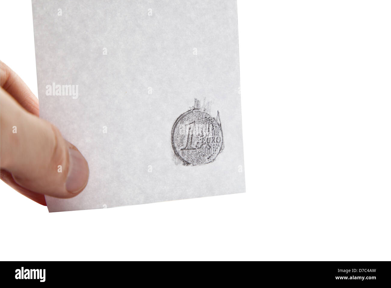 auf dem Papier 1 Euro. Das Papier in der hand Stockfoto