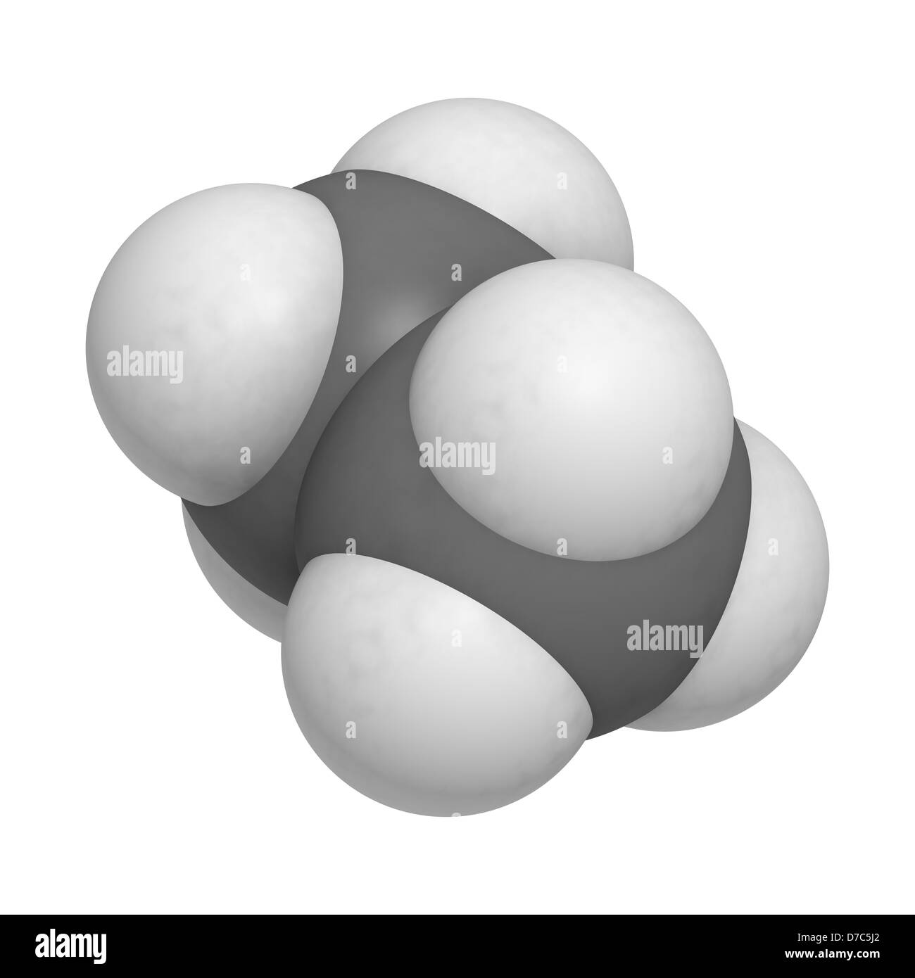 Pflanzenhormon Ethylen (Ethen) und Polyethylen (PE) Baustein, Molekülmodell. Atome werden als Kugeln dargestellt. Stockfoto