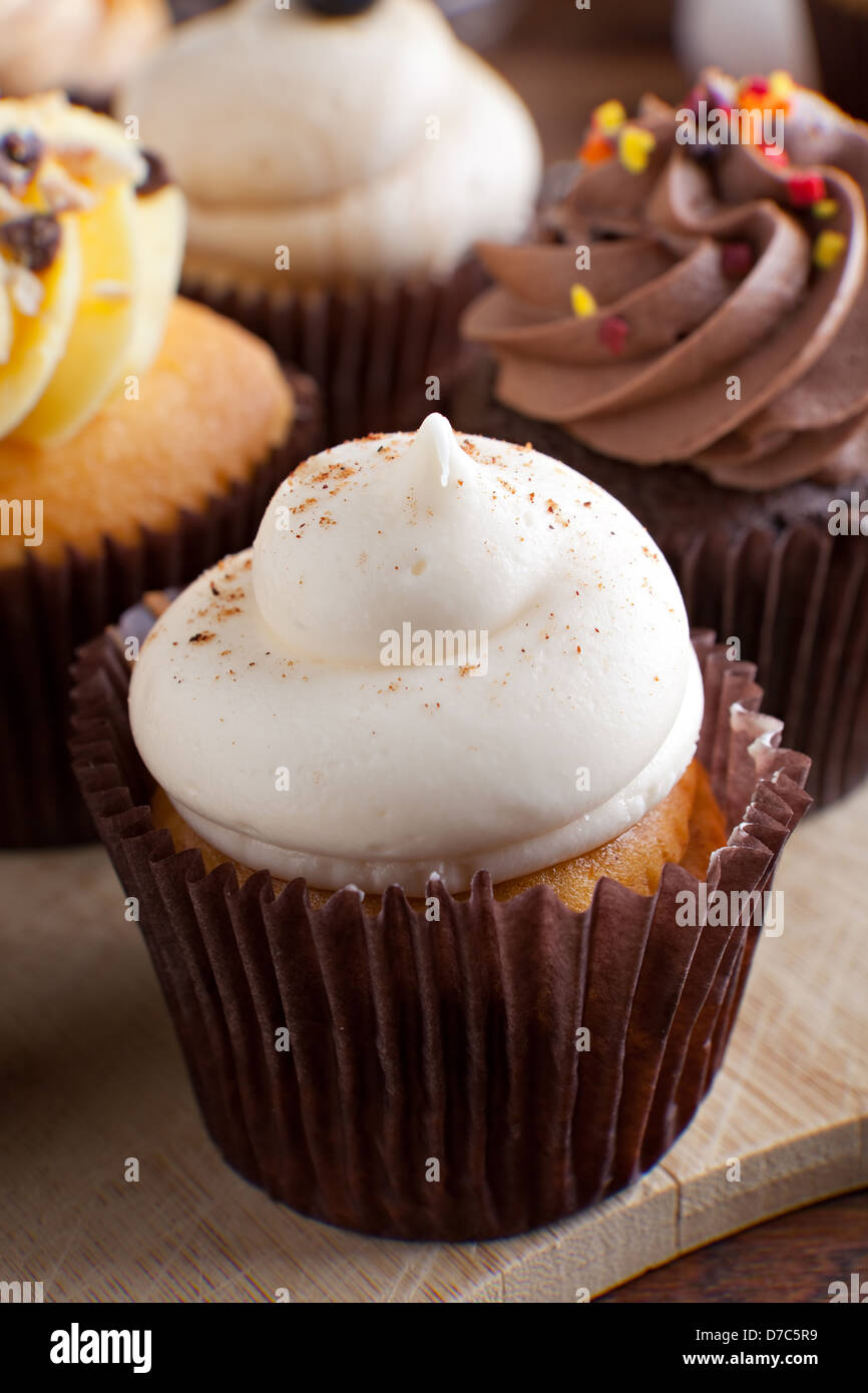 Nahaufnahme von etwas dekadenten Gourmet-Cupcakes mit einer Vielzahl von Geschmacksrichtungen Bereifen bereift. Geringe Schärfentiefe. Stockfoto