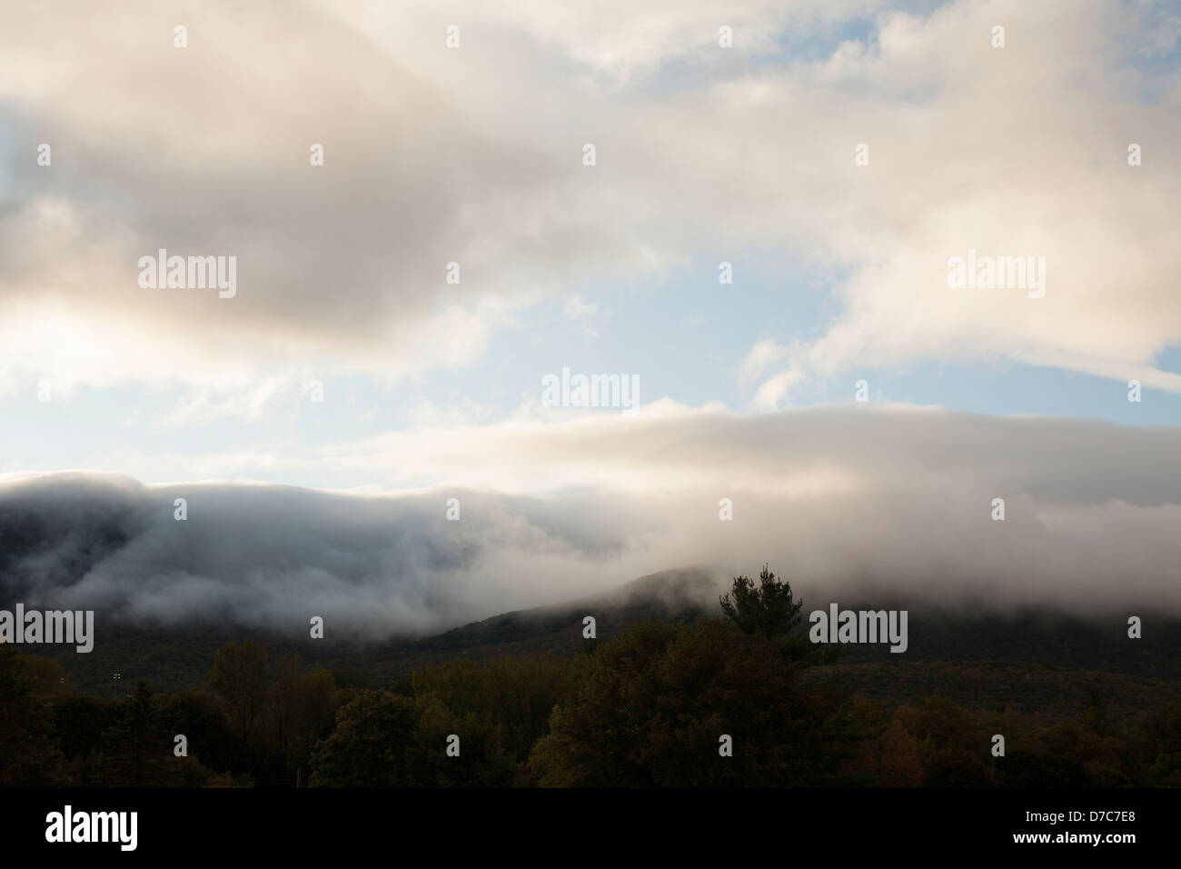 Mount Greylock in Adams, Massachusetts ist an einem Herbst-Nachmittag mit tief liegenden Wolken bedeckt. Stockfoto