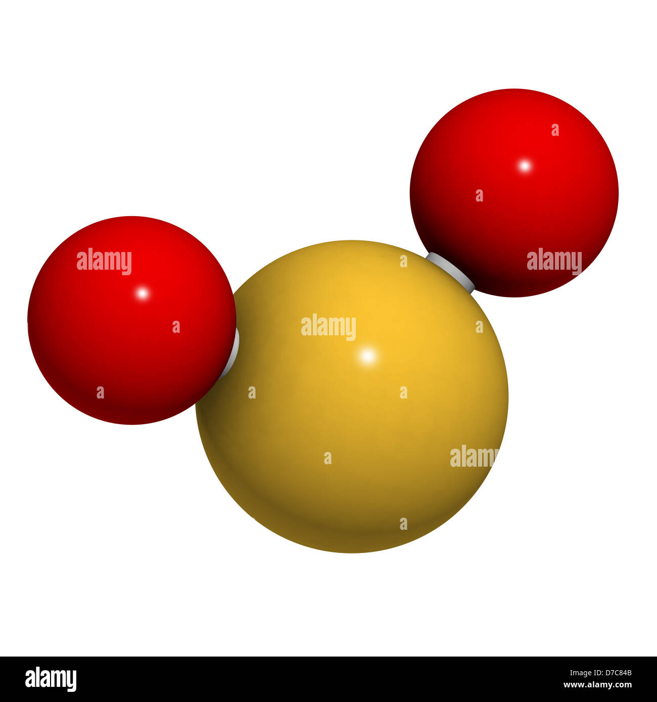 Schwefeldioxid (Schwefeldioxid, SO2) Gas, Molekülmodell. SO2 (E220) wird auch in der Weinbereitung verwendet. Stockfoto