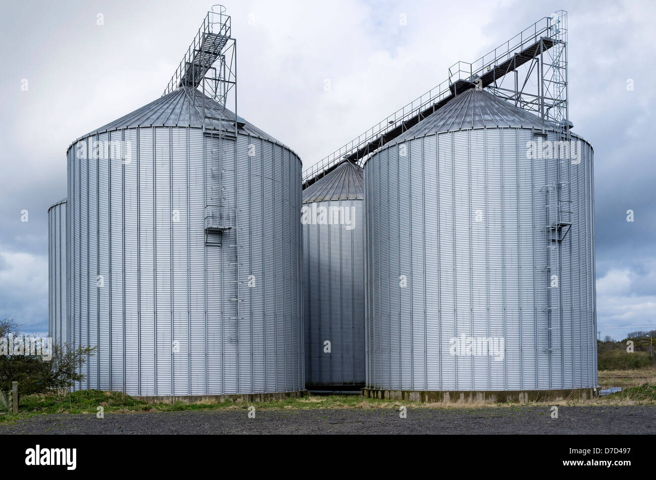 Metall-Lagerung-Silos für die Abhaltung von Korn, in der Nähe von Dunstanburgh, Northumberland, England, UK Stockfoto
