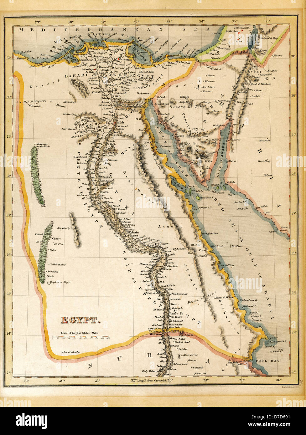Eine alte 19. Jahrhundert Karte gravierte gedruckt in England im Jahre 1845 abbildenden Ägypten (Jerusalem im Norden bis zur Grenze Nubien im Süden. Stockfoto