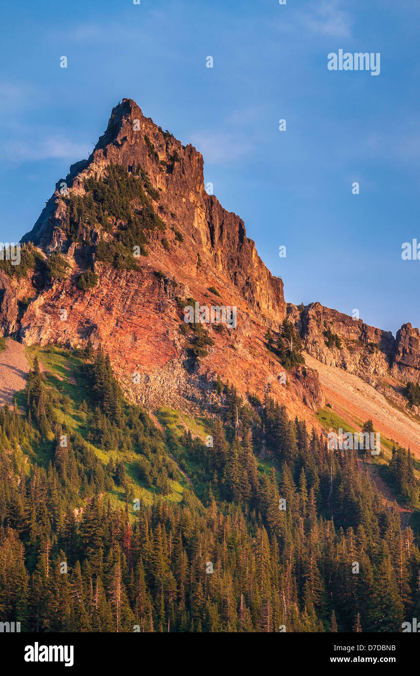 Pinnacle Peak im Bereich von Tatoosh bei Sonnenuntergang; Mount Rainier Nationalpark, Washington. Stockfoto