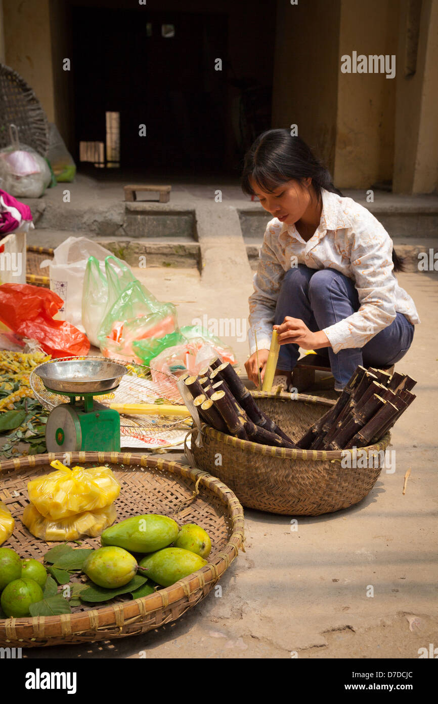 Eine weibliche Straßenhändler verkaufen frischen Bambus und Mangos in Ha Noi, Vietnam Stockfoto