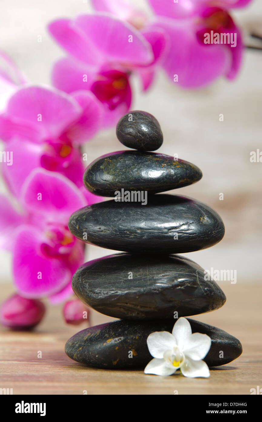 Japanischer Zen-Garten mit gestapelten Steinen und Orchidee Blume Stockfoto