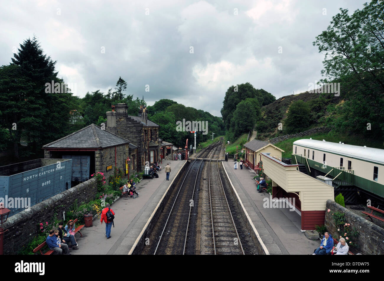 Bahnhof Goathland, Eisenbahnlinien, Menschen, Bäume, Punkte Stockfoto
