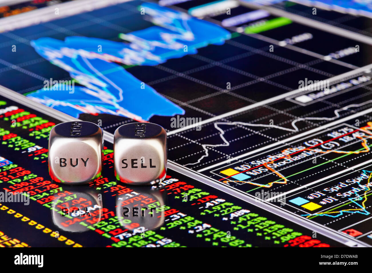 Würfel Würfeln an den Händler. Würfel mit den Worten verkaufen kaufen auf finanzielle Tabelle und Spalten von Zitaten als Hintergrund. Selektiven Fokus Stockfoto