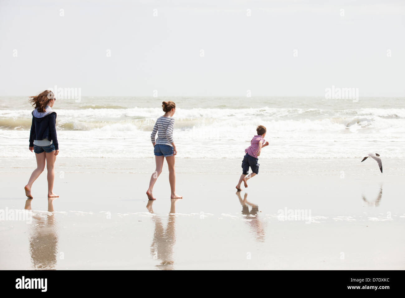 Familie mit 3 spielen am Strand Stockfoto