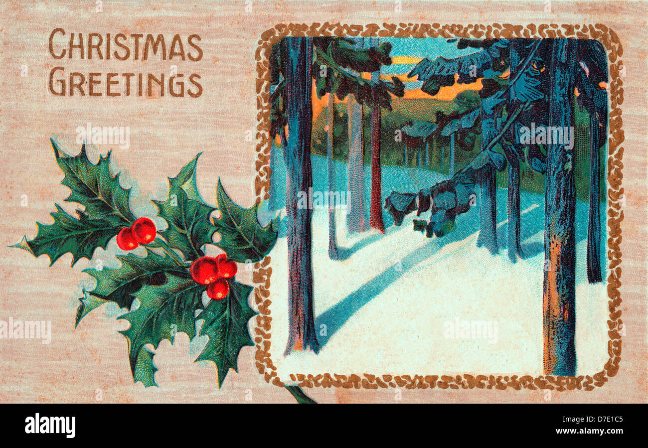 Weihnachtsgrüße - Vintage-Karte mit Winter-Szene und holly Stockfoto