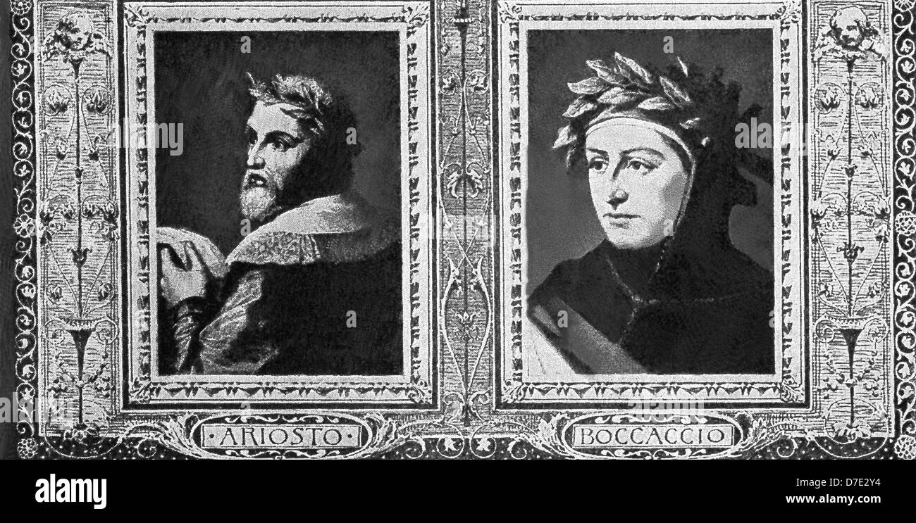 Italienische Autoren: Ludovico Ariosto (1474-1533; schrieb Orlando Furioso), und Giovanni Boccaccio (1313 – 1375; schrieb Il Decamerone). Stockfoto