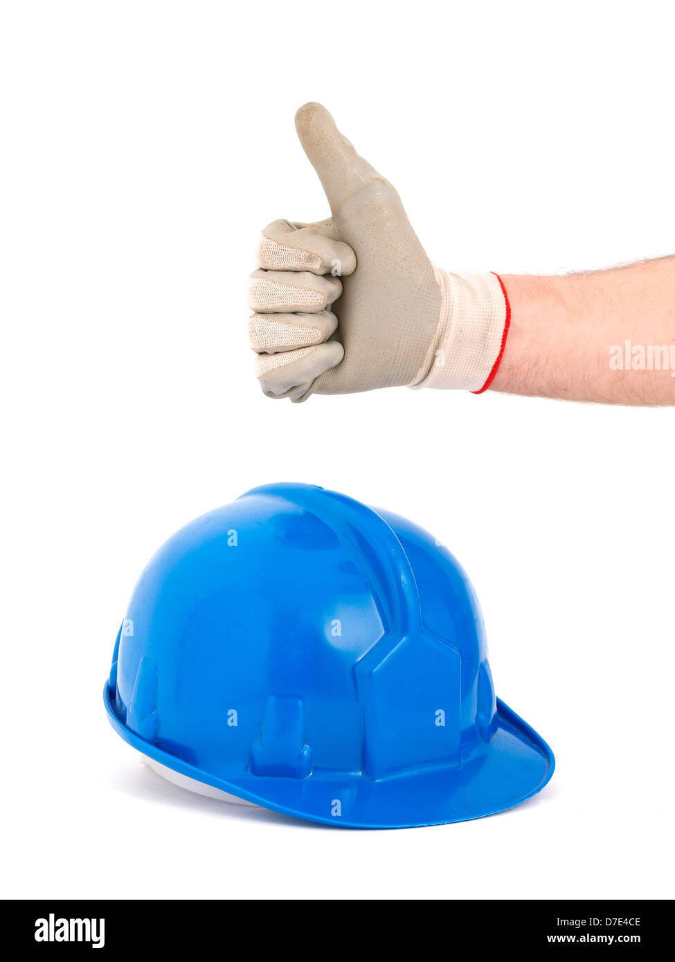 Schutzhelm und positive Emotionen mit ok Symbol Hand. Das Foto soll ein positives Konzept von Sicherheit am Arbeitsplatz zu vermitteln. Stockfoto