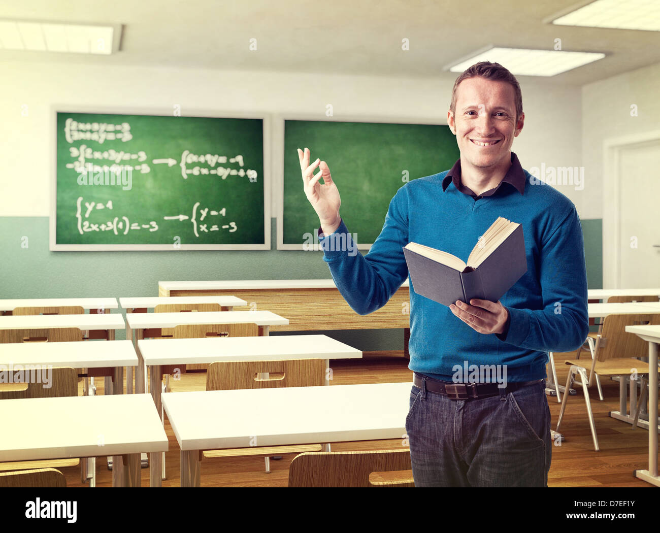 Lehrer und Klasse Hintergrund lächelt Stockfoto