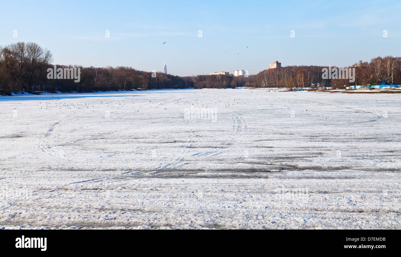 schmelzendes Eis eingefrorene urban See im frühen Frühling Stockfoto