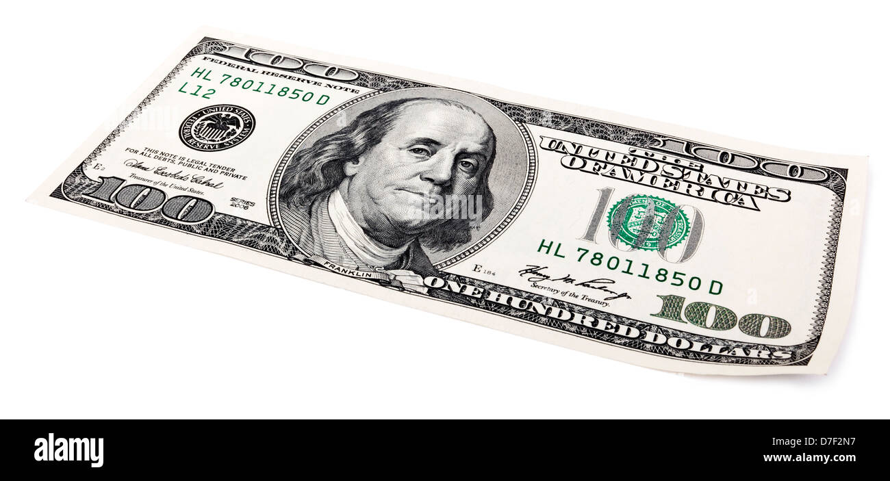 Eine einzelne 100 US$ Geld Note, isoliert auf weißem Hintergrund. Stockfoto
