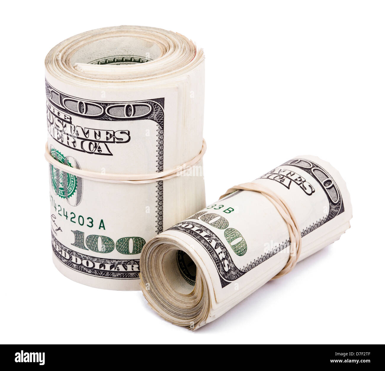 Ein paar 100 US-Dollar Geld Notizen aufgerollt, einfachen Gummiband zusammengehalten. Zwei Rollen. Isoliert auf weißem Hintergrund. Stockfoto Ein paar 100 US-Dollar Geld Notizen aufgerollt, einfachen Gummiband zusammengehalten. Zwei Rollen. Isoliert auf weißem Hintergrund. Stockfoto