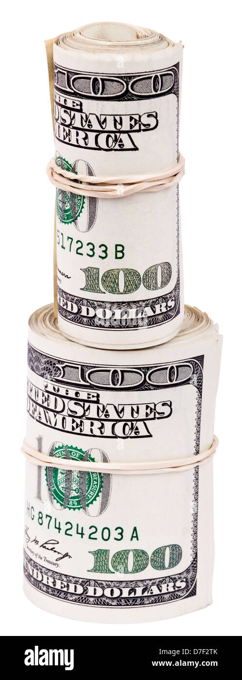 Ein paar 100 US-Dollar Geld Notizen aufgerollt, einfachen Gummiband zusammengehalten. Zwei Rollen eins an der Spitze andere. Isoliert auf Stockfoto Ein paar 100 US-Dollar Geld Notizen aufgerollt, einfachen Gummiband zusammengehalten. Zwei Rollen eins an der Spitze andere. Isoliert auf Stockfoto