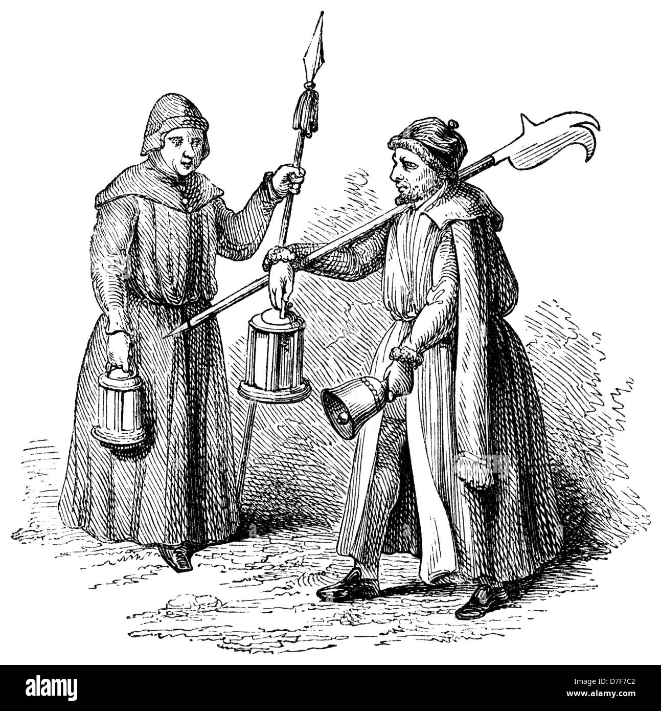 Nachtwächter mit Laternen und Glocken (1841-Holzschnitt) Stockfoto