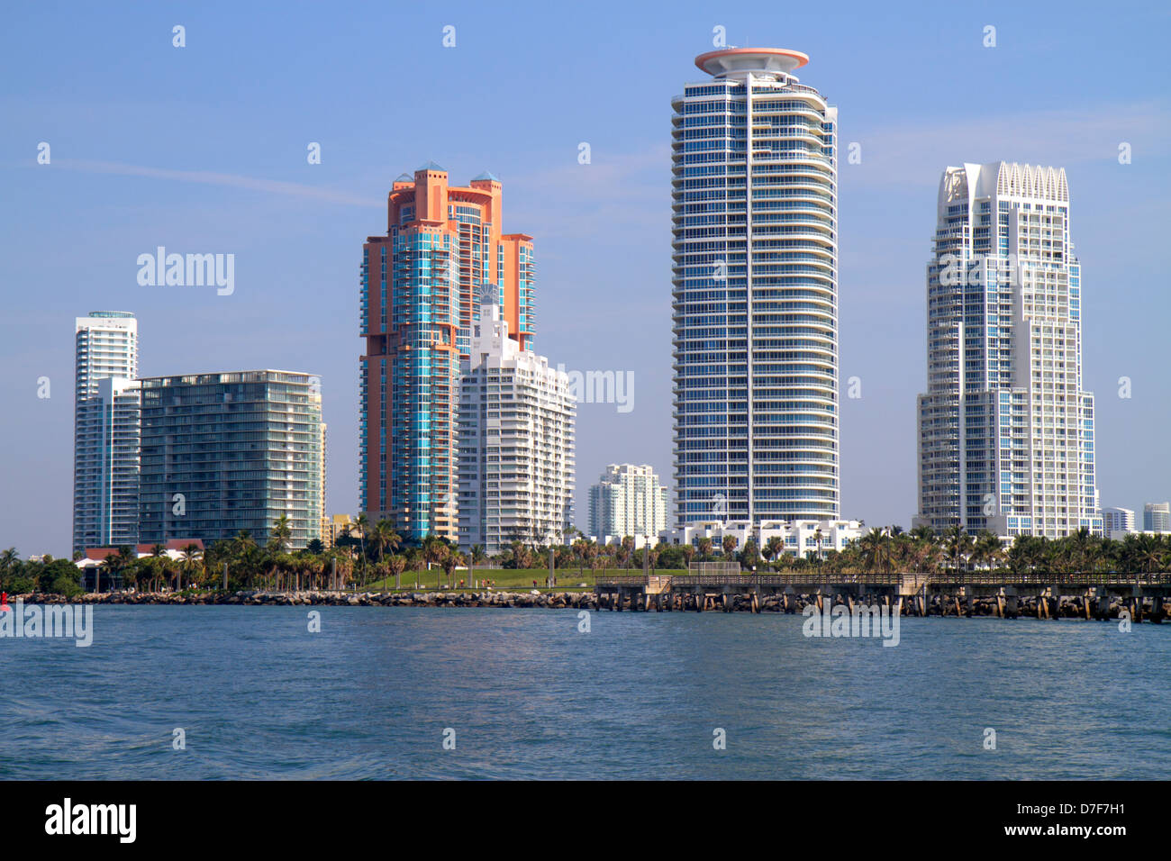 Miami Beach Florida, Wasser, Government Cut, South Pointe Park, Point, Eigentumswohnung Wohnapartments Gebäude Gebäude Gehäuse, Skyline der Stadt, Stockfoto