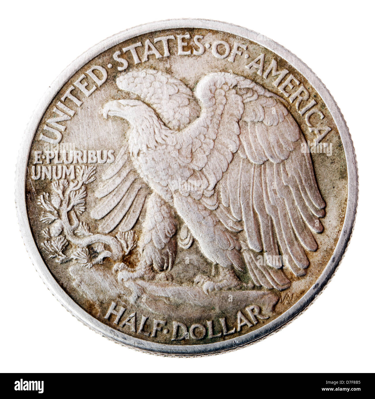 Frontaler Ansicht umkehren (Tails) Seite Silber, den halben Dollar im Jahr 1942 geprägt. Dargestellt ist Weißkopfseeadler steigt vom Berggipfel Barsch. Stockfoto