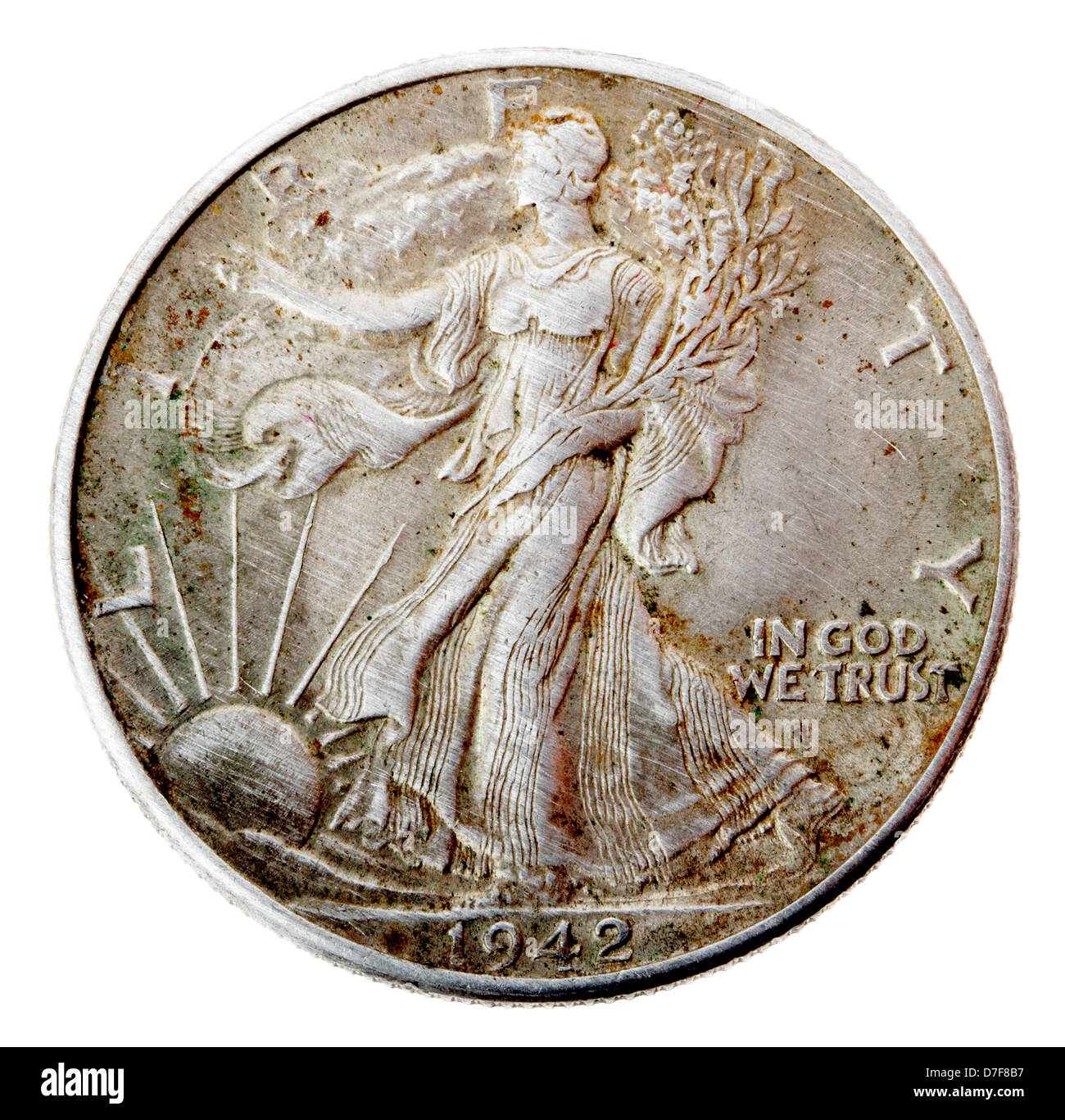 Frontaler Ansicht umkehren (Tails) Seite Silber, den halben Dollar im Jahr 1942 geprägt. Dargestellt ist, dass Lady Liberty zu Fuß Holding Vereinten verzweigt Stockfoto