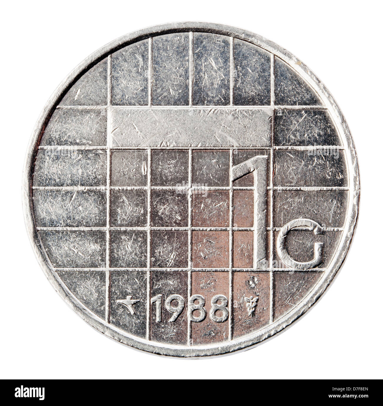 Frontaler Ansicht Rückseite (Tails) eine niederländische 1 Gulden (fl) Münze im Jahr 1988. Dargestellt ist die Münze Bezeichnung Jahr. Gulden war Stockfoto