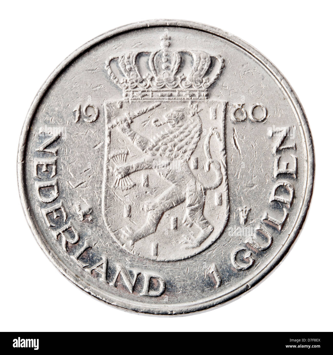 Frontaler Ansicht Rückseite (Tails) eine niederländische 1 Gulden (fl) Münze im Jahr 1980. Dargestellt ist Netherlands Mantel Arme Münze Stockfoto
