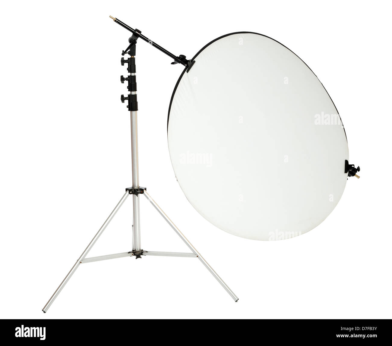 Runde weiße Reflektor Besitz bezeichneten Halter setzen auf Beleuchtung Stand bereit für Studio-Fotografie-Nutzung. Isoliert auf weiss Stockfoto