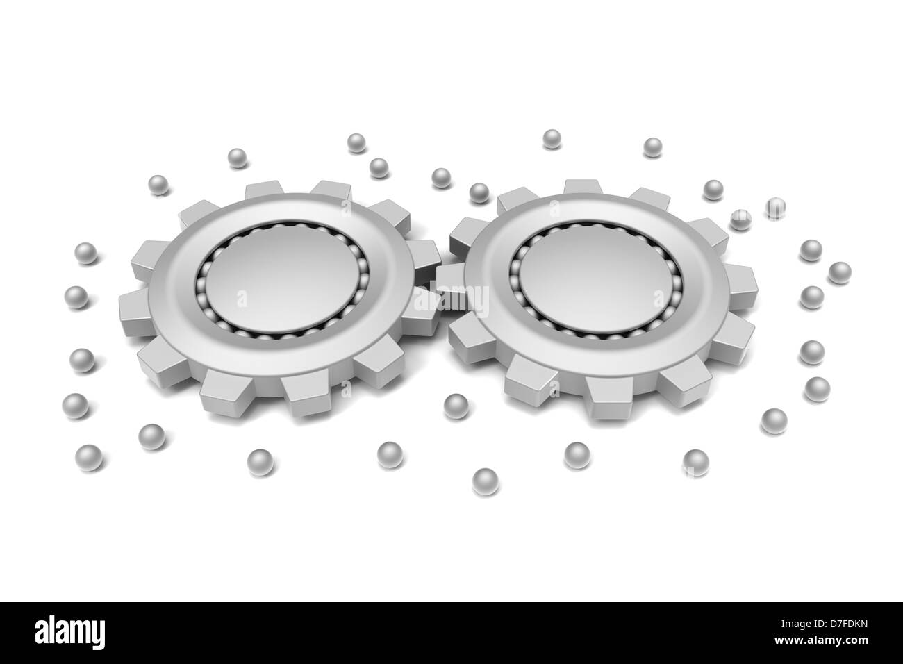 3D-Modell der Zahnräder und Kugellager verbunden auf weißem Hintergrund Stockfoto