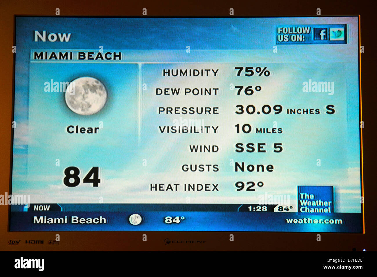 Miami Beach Florida, Fernseher, Set, TV, Flachbildschirm, Monitor, Kabel, der Wetterkanal, lokal, Strom, folgen Sie uns auf facebook, Temperatur, Luftfeuchtigkeit, Wind, Tau Stockfoto