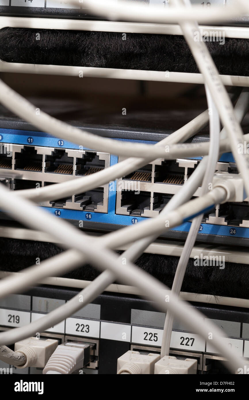 Makro Nahaufnahme auf einem Netzwerkserver, welche mehrere, den netork Kabel angeschlossen sind. Stockfoto