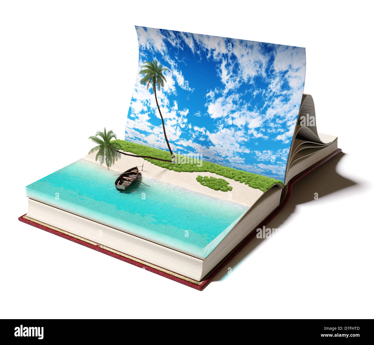 Offenes Buch mit einem tropischen Strand im Inneren. Stockfoto