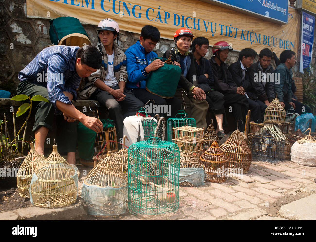 Sapa Region, Northeast Vietnam - Sapa Nordosten Vietnam - Männern von den schwarzen Hmong Hilltribe Vögel zu verkaufen Stockfoto