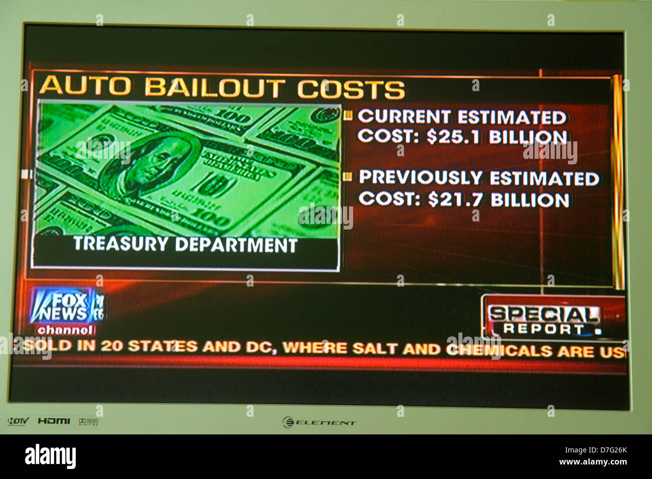 Miami Beach Florida, TV, Fernsehen, Set, Bildschirm, Flachbildschirm, HDTV, Monitor, Fox News, Bundesregierung, Auto-Rettungsprogramm, Finanzministerium, Industrie Rettung, visi Stockfoto