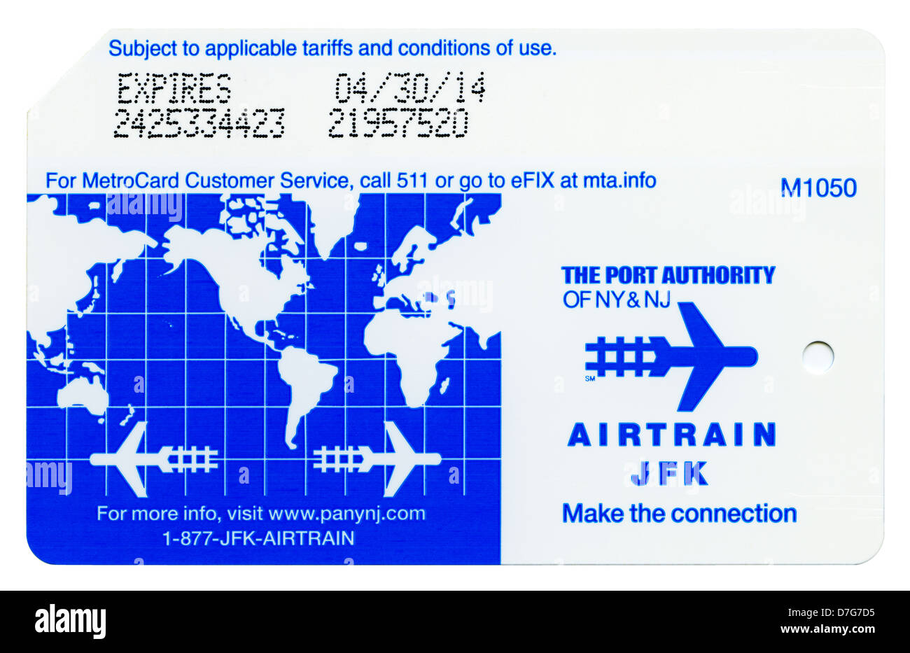 New York USA - 23. Dezember 2012: Zurück Seite standard wiederaufladbare New York MTA Metro Karte eine Anzeige zum Airtrain JFK Stockfoto