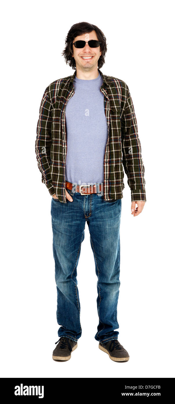 Kaukasischen Mann in seinen frühen 30 ist gekleidet in Freizeitkleidung offenbar Blick in die Kamera durch seine Sonnenbrille große Äpfel Stockfoto