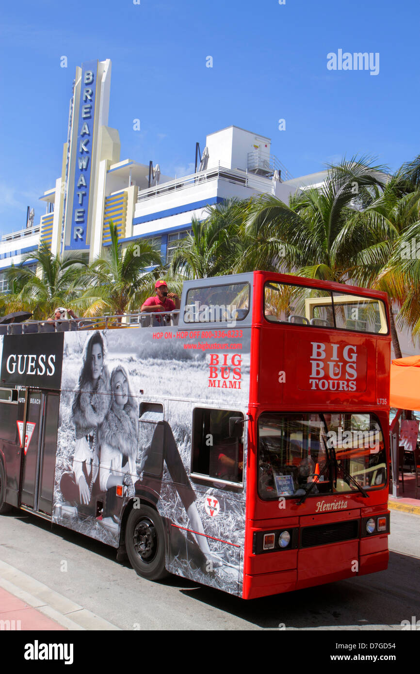 Miami Beach, Florida, Ocean Drive, Big Bus Tours, Doppeldecker, Breakwater, Hotelhotels Unterkunft Inn Motel Motels, Werbung Werbung Werbung, Guess Jeans, Stockfoto