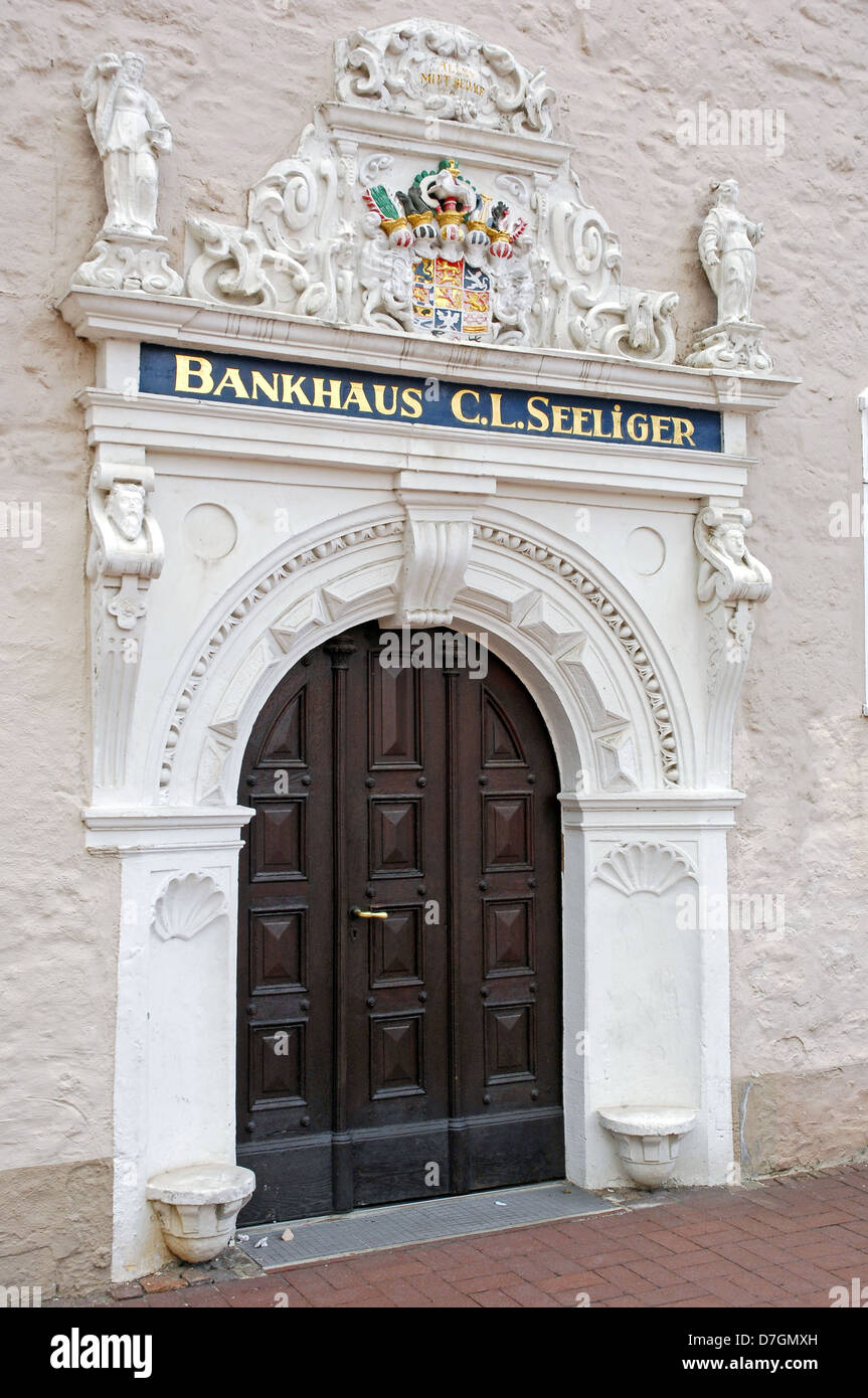 Deutschland, Wolfenbüttel, Portal des Bankhaus C. I. Seeliger, Privatbank Stockfoto