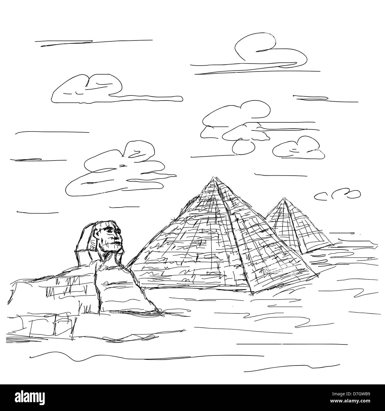 Hand gezeichnete Darstellung der berühmten touristischen Bestimmungsort Sphinx und Pyramiden in Ägypten. Stockfoto