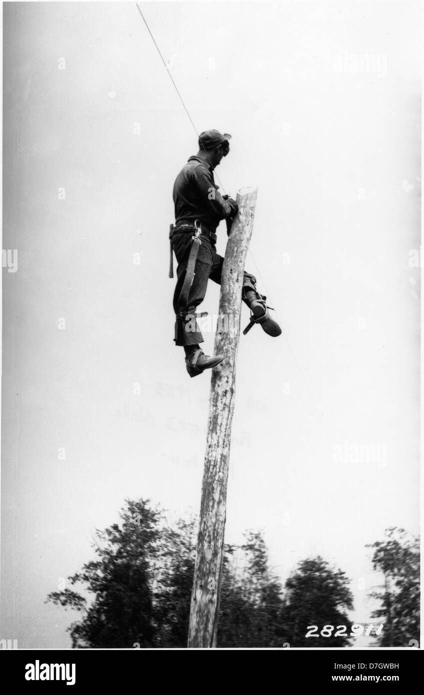 Ein Mitarbeiter des Civilian Conservation Corps (CCC) wird gezeigt, wie er einen Draht an einem Isolator auf einem Telefonmast im CCC-Camp Leese im Colville National Forest, Washington, befestigt. Dieses Foto aus den 1930er Jahren zeigt die wesentlichen Arbeiten, die während der New Deal-Ära zum Bau von Infrastruktur und zur Wiederherstellung der Wälder des Landes geleistet wurden. Stockfoto