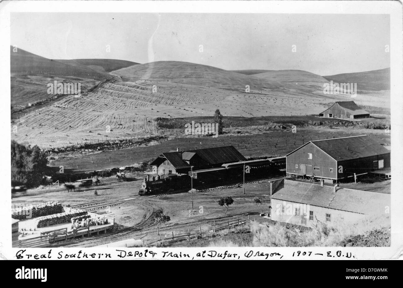 Das Great Southern Depot and Train in Dufur, Oregon, war ein wichtiger Verkehrsknotenpunkt während der Zeit der Eisenbahnexpansion in den USA. Das Bild, Teil der Gerald W. Williams Collection, bietet einen Einblick in die Rolle der Züge bei der Entwicklung kleiner amerikanischer Städte im späten 19. Und frühen 20. Jahrhundert. Stockfoto