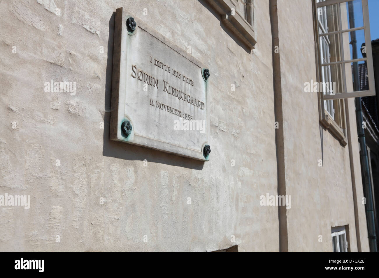 Sören Kierkegaard, Gedenktafel an der Mauer des Design Museum Danmark: In diesem Haus Sören Kierkegaard 11. November 1855 starb. Kopenhagen, Dänemark. Stockfoto