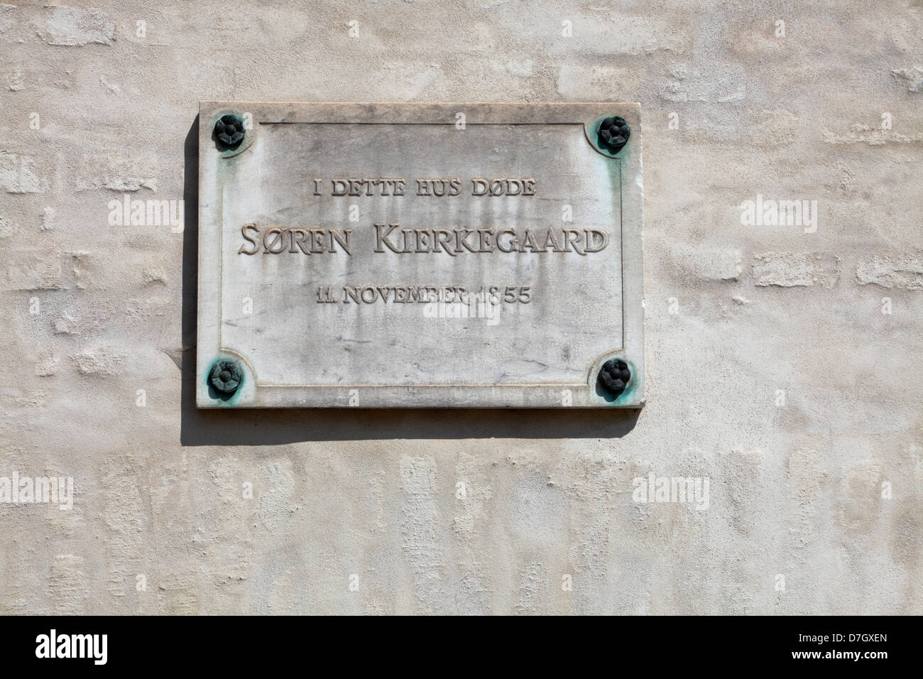 Sören Kierkegaard, Gedenktafel an der Mauer des Design Museum Danmark: In diesem Haus Sören Kierkegaard 11. November 1855 starb. Kopenhagen, Dänemark. Stockfoto