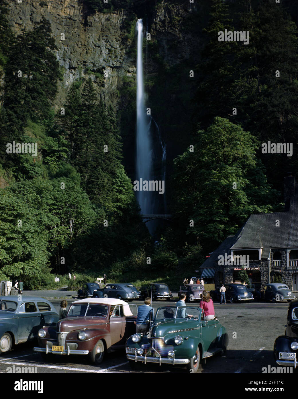 Multnomah Falls in Oregon ist einer der berühmtesten und malerischsten Wasserfälle der USA. Das Foto aus Ralph Giffords Sammlung zeigt die Schönheit der Wasserfälle zusammen mit amerikanischen Autos und bietet einen Einblick in die Landschaft des Lower Columbia Basins Mitte des 20. Jahrhunderts. Stockfoto