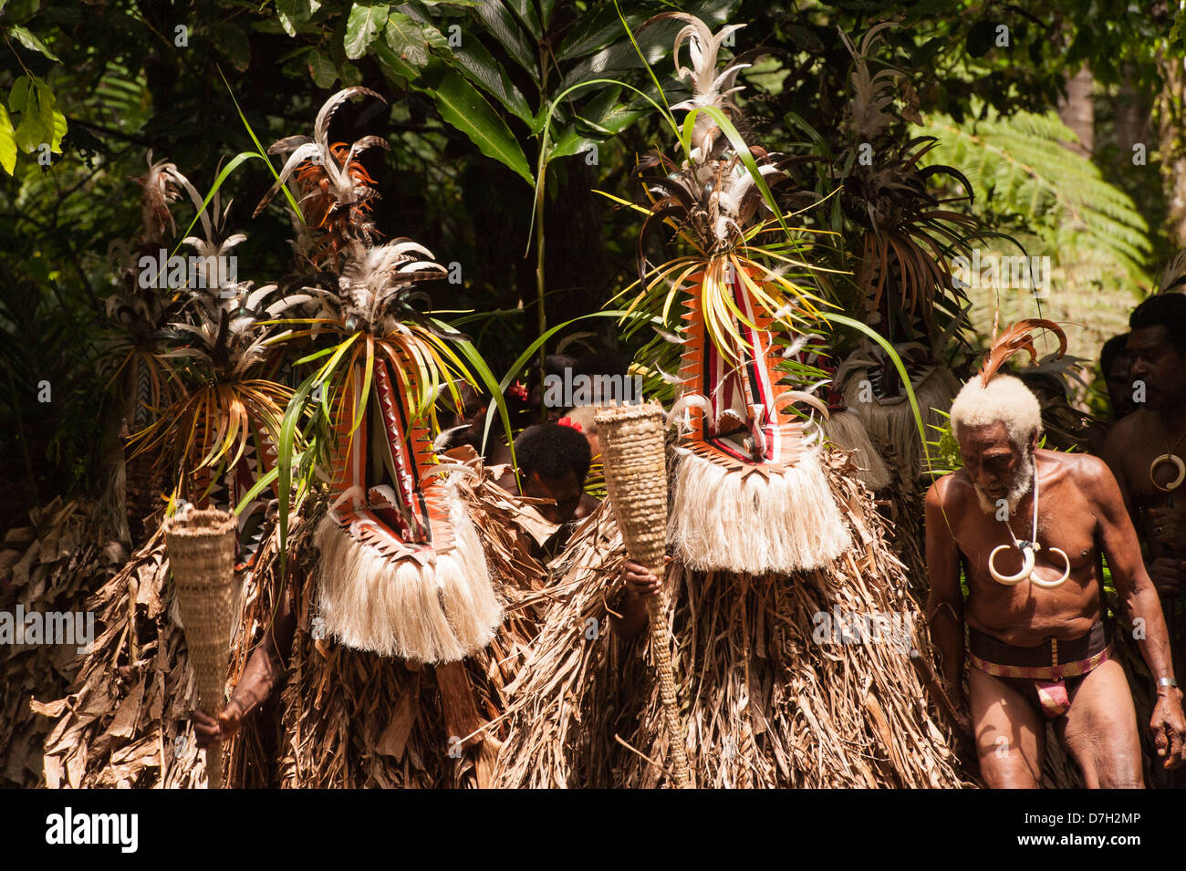 Die Rom Tänzer machen's Einzug am letzten Tag von Ambrym jährliche zurück zu My Roots Festival der traditionellen Kultur Vanuatu Stockfoto