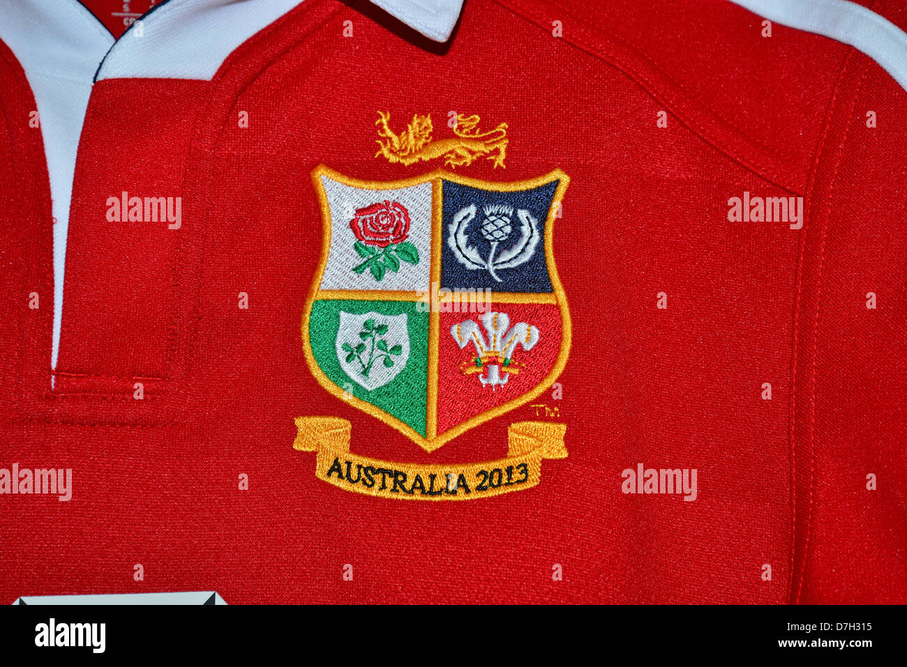 Deutschland 2013 British & Irish Lions Rugby-Shirt Logo, Surrey, England, Vereinigtes Königreich Stockfoto