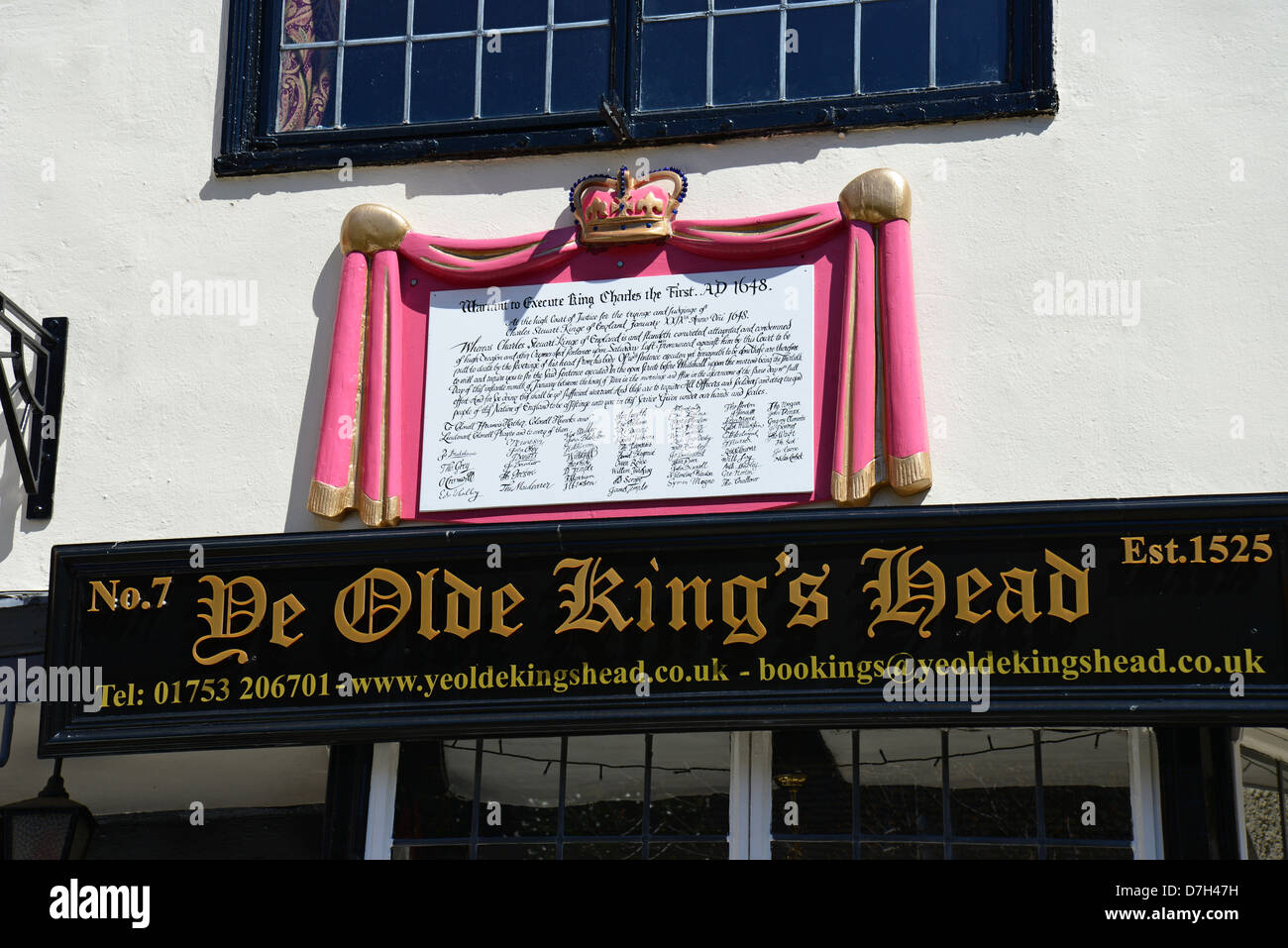 "Ye Olde King Head" Aufbau von Plaque, Church Street, Castle Hill, Windsor, Berkshire, England, Vereinigtes Königreich Stockfoto